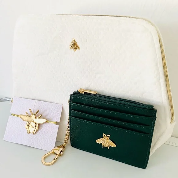 Dior Hair Band Gold Bee + Guerlain White Cosmetic Bag + Green Card Holder - SET - Picture 2 of 15